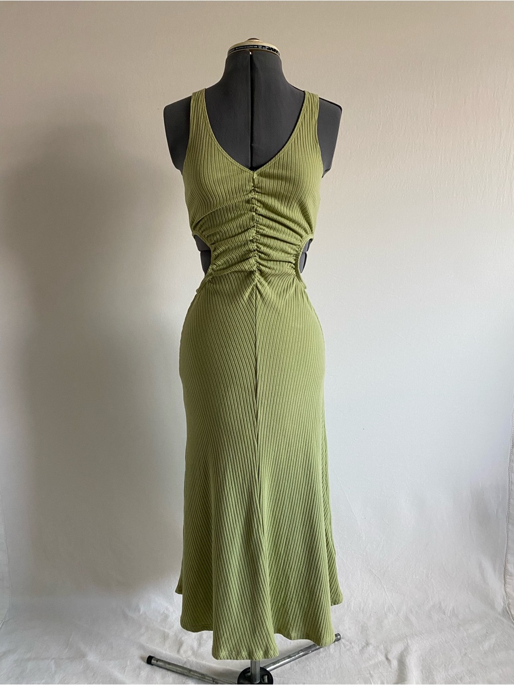 Reformation Olive Green Ribbed Midi Dress with Side Cutouts